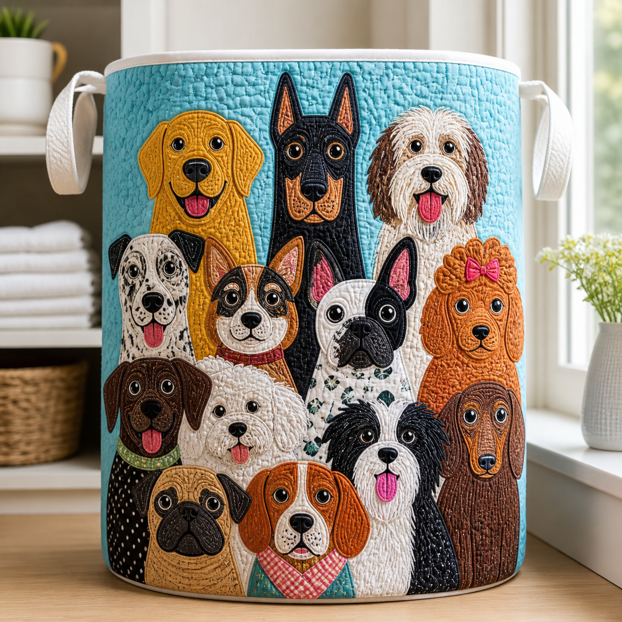 Turquoise Multi-Breed Dog Quilted Laundry Basket
