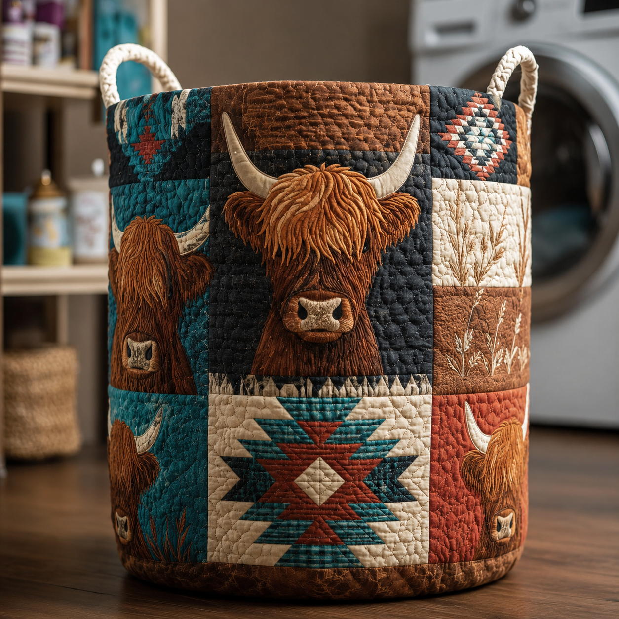 Western Highland Cow & Aztec Print Quilted Laundry Basket