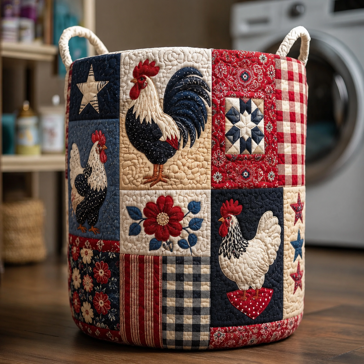 Red White Blue Rooster & Floral Patchwork Quilted Laundry Basket