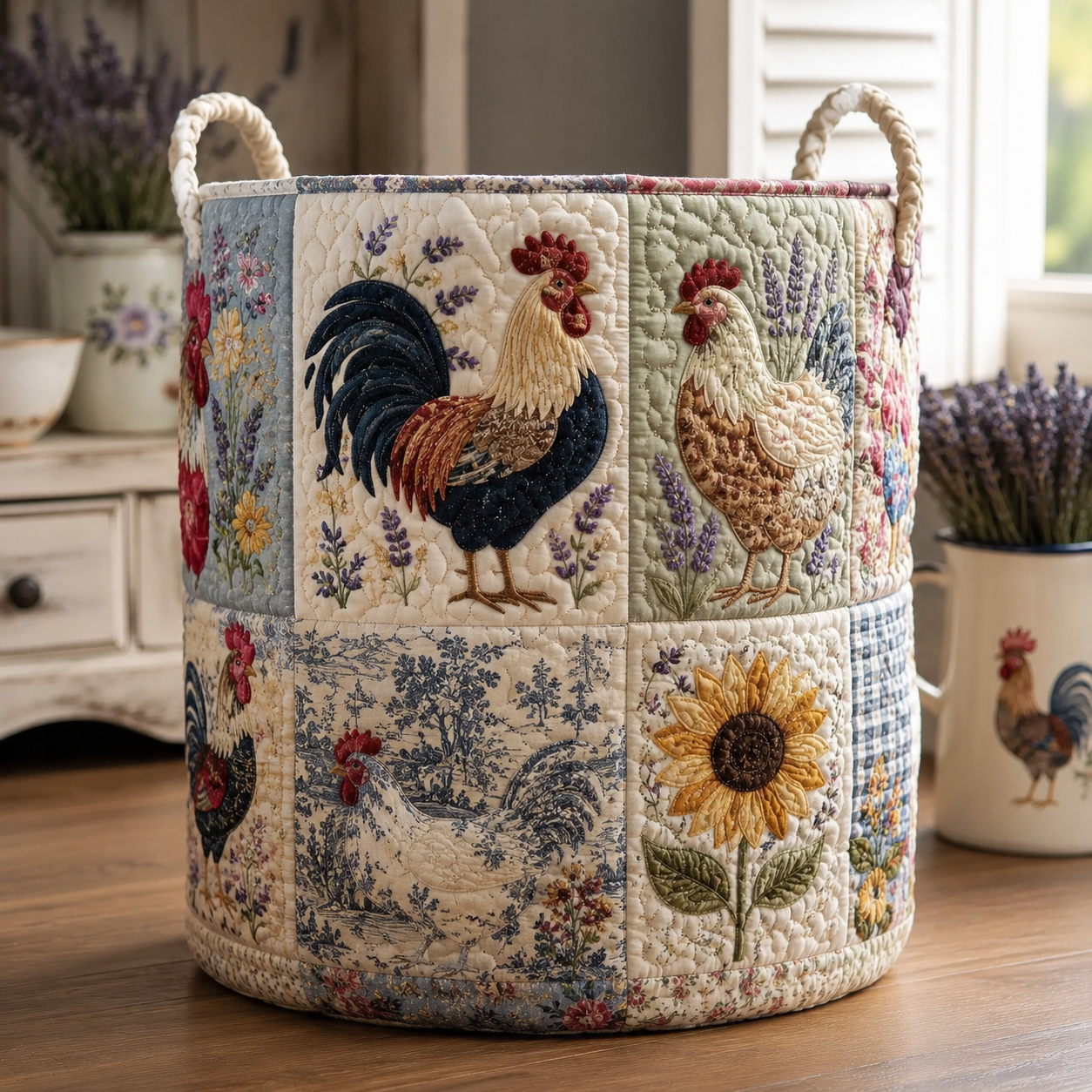 Lavender & Rooster Quilted Laundry Basket