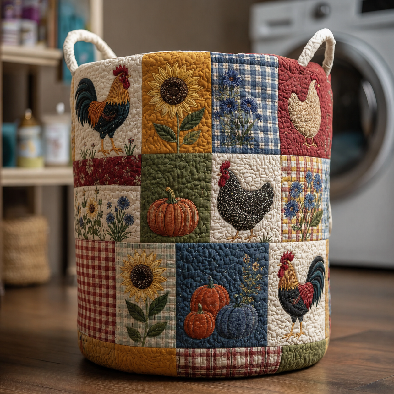 Autumn Pumpkin & Rooster Patchwork Quilted Laundry Basket