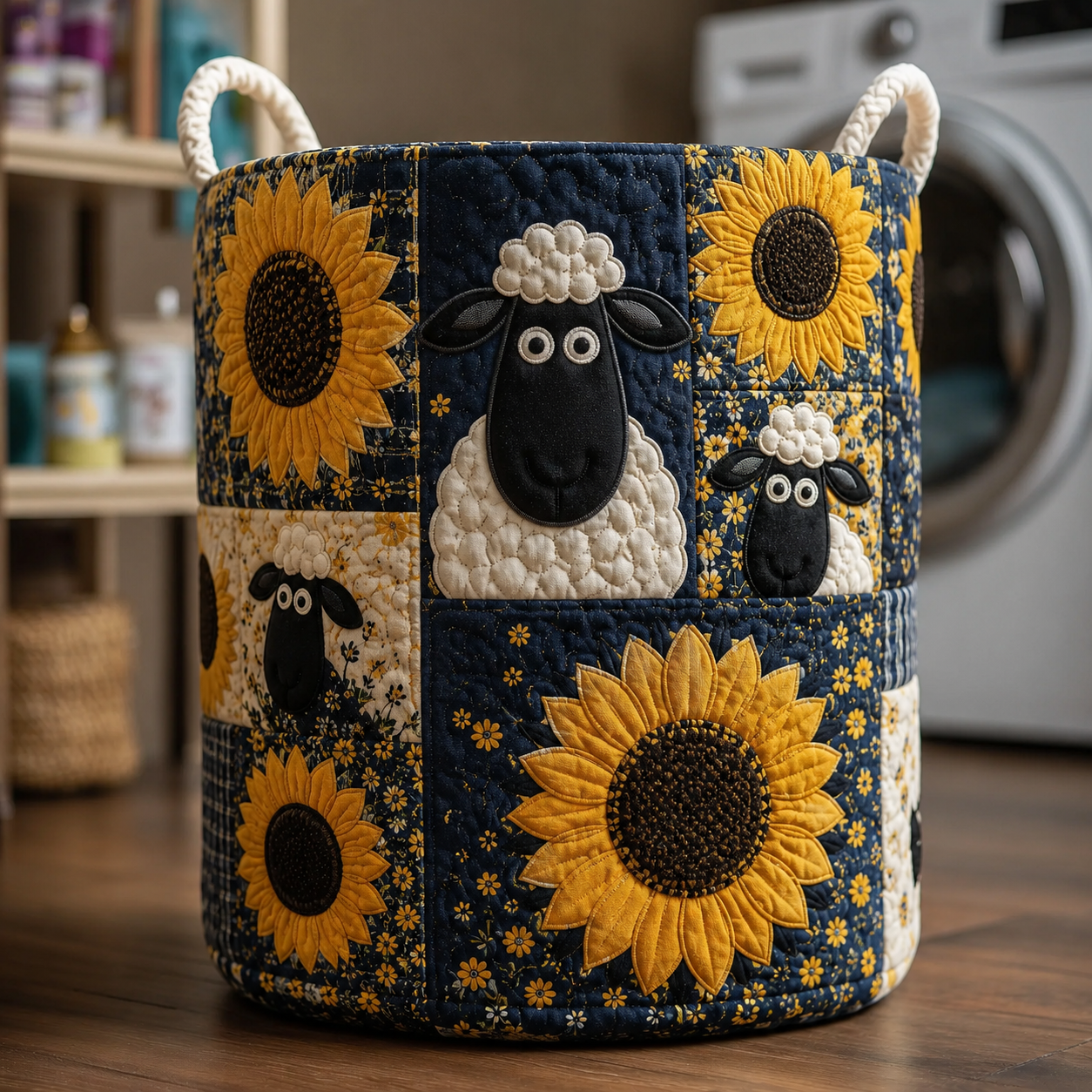 Navy Blue Sheep & Sunflower Quilted Laundry Basket