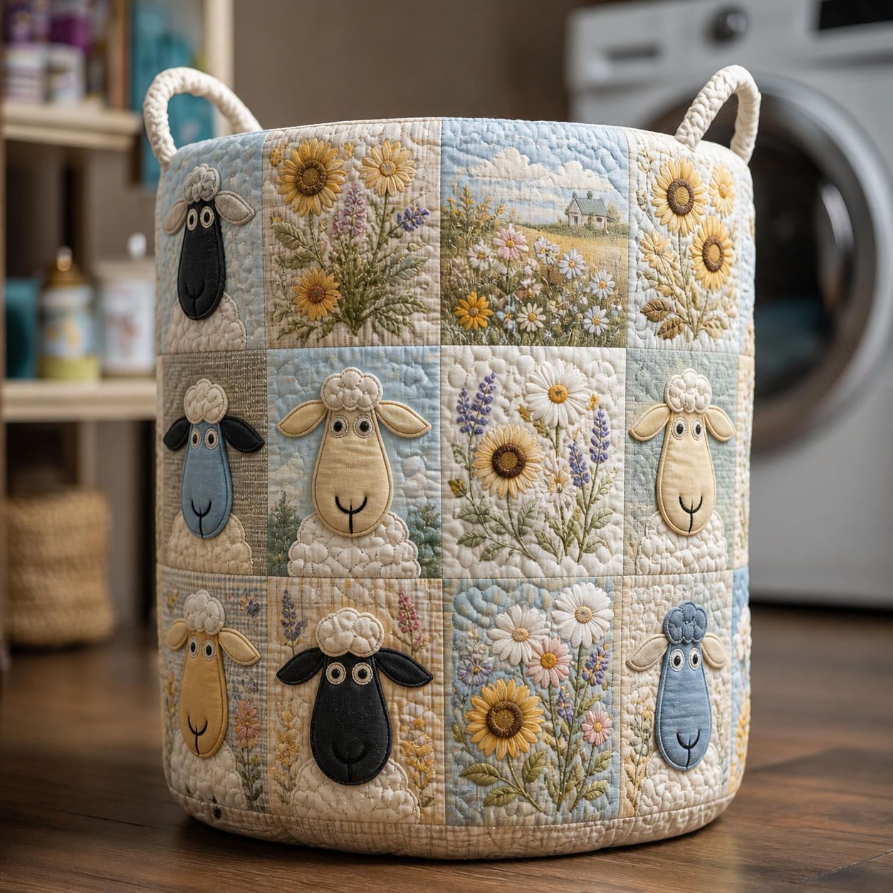 Pastel Sheep & Wildflower Patchwork Quilted Laundry Basket