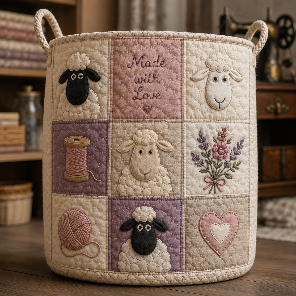 Sheep & Sewing Themed Quilted Laundry Basket