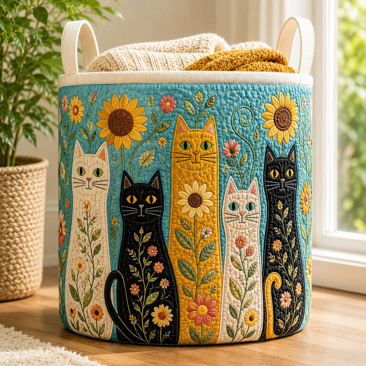 Turquoise Cat & Sunflower Quilted Laundry Basket