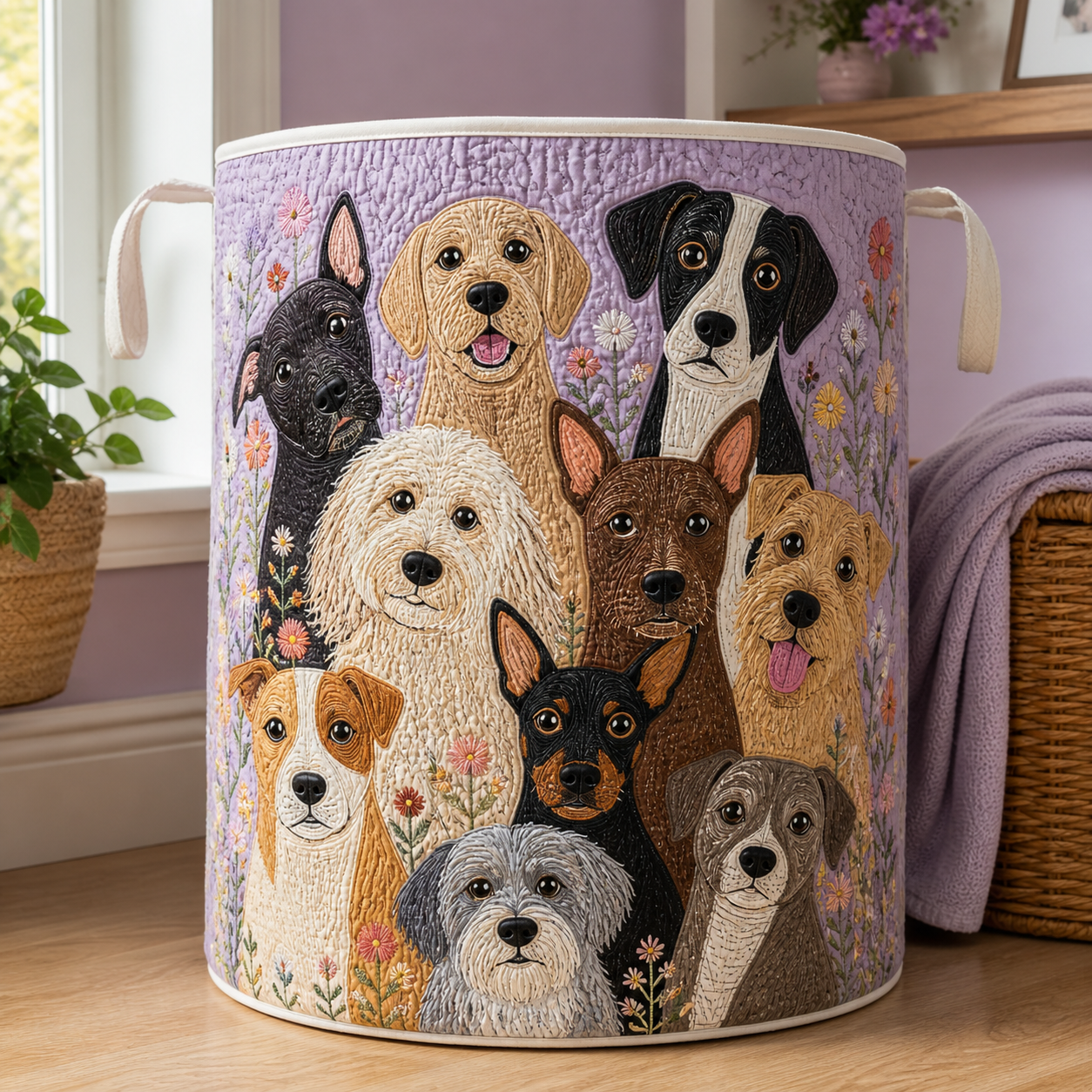 Lavender Floral Dog Quilted Laundry Basket