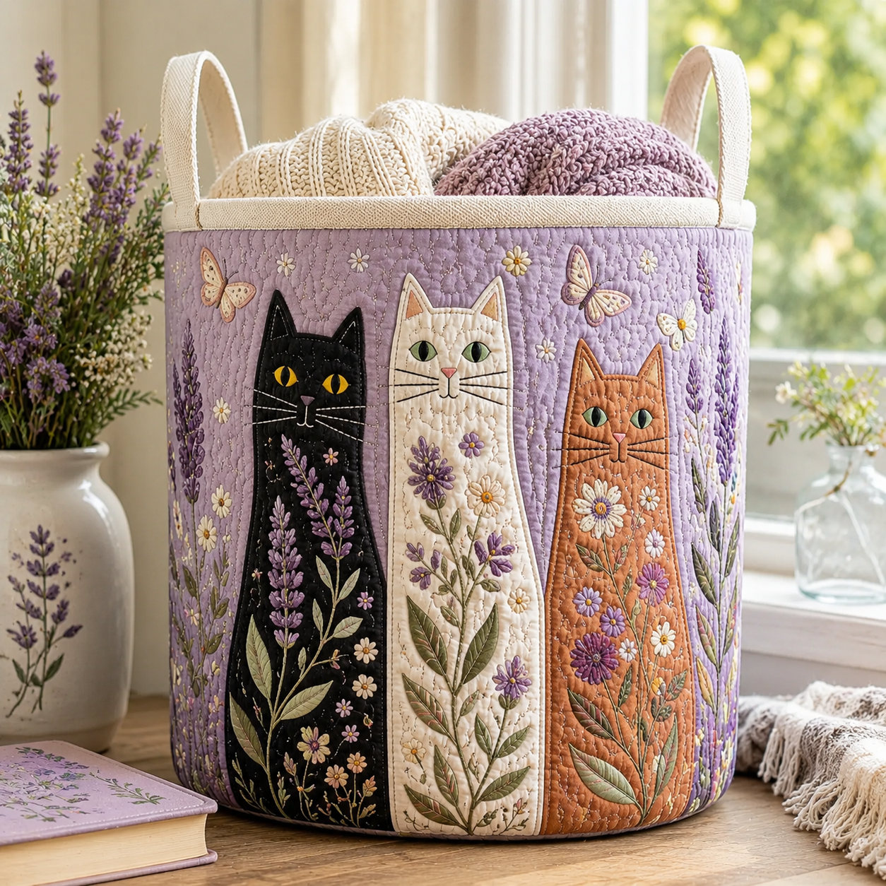 Purple Lavender Cat Quilted Laundry Basket