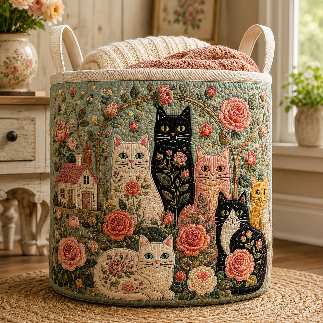 Vintage Rose Garden Cat Quilted Laundry Basket
