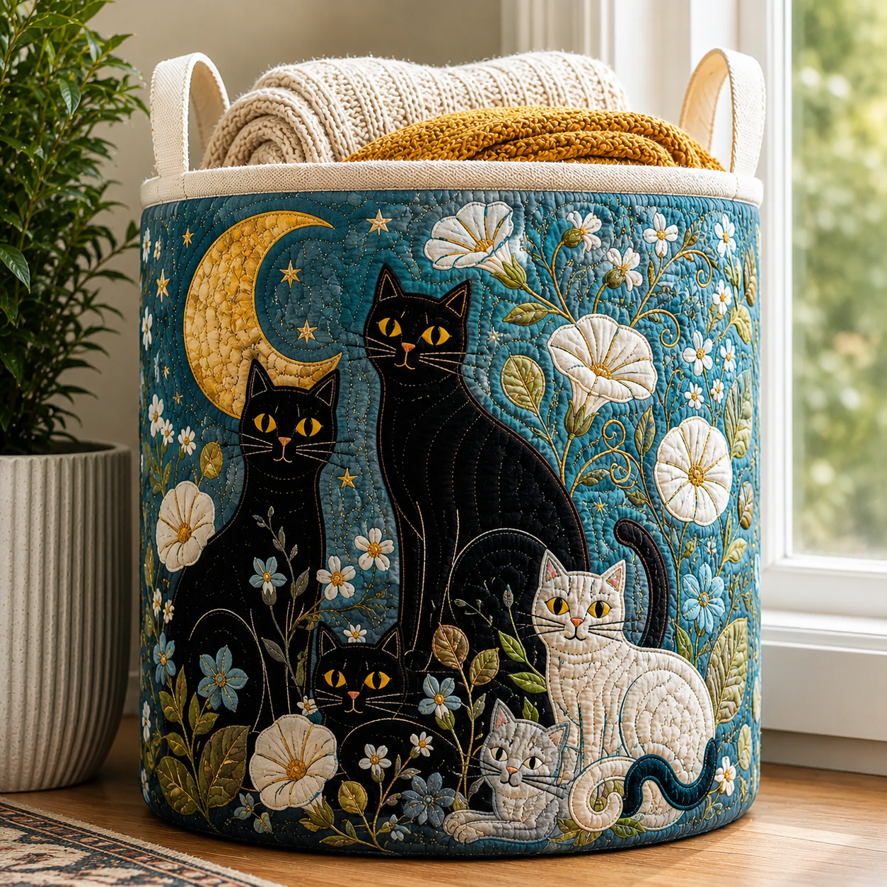 Moonlit Night Cat & Floral Quilted Laundry Basket