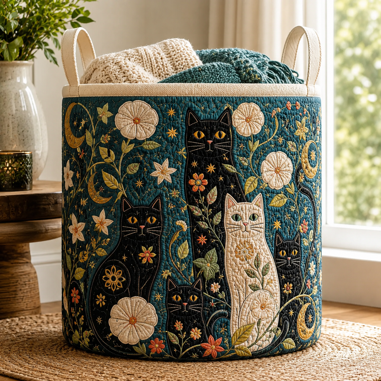 Starry Night Black Cat Quilted Laundry Basket