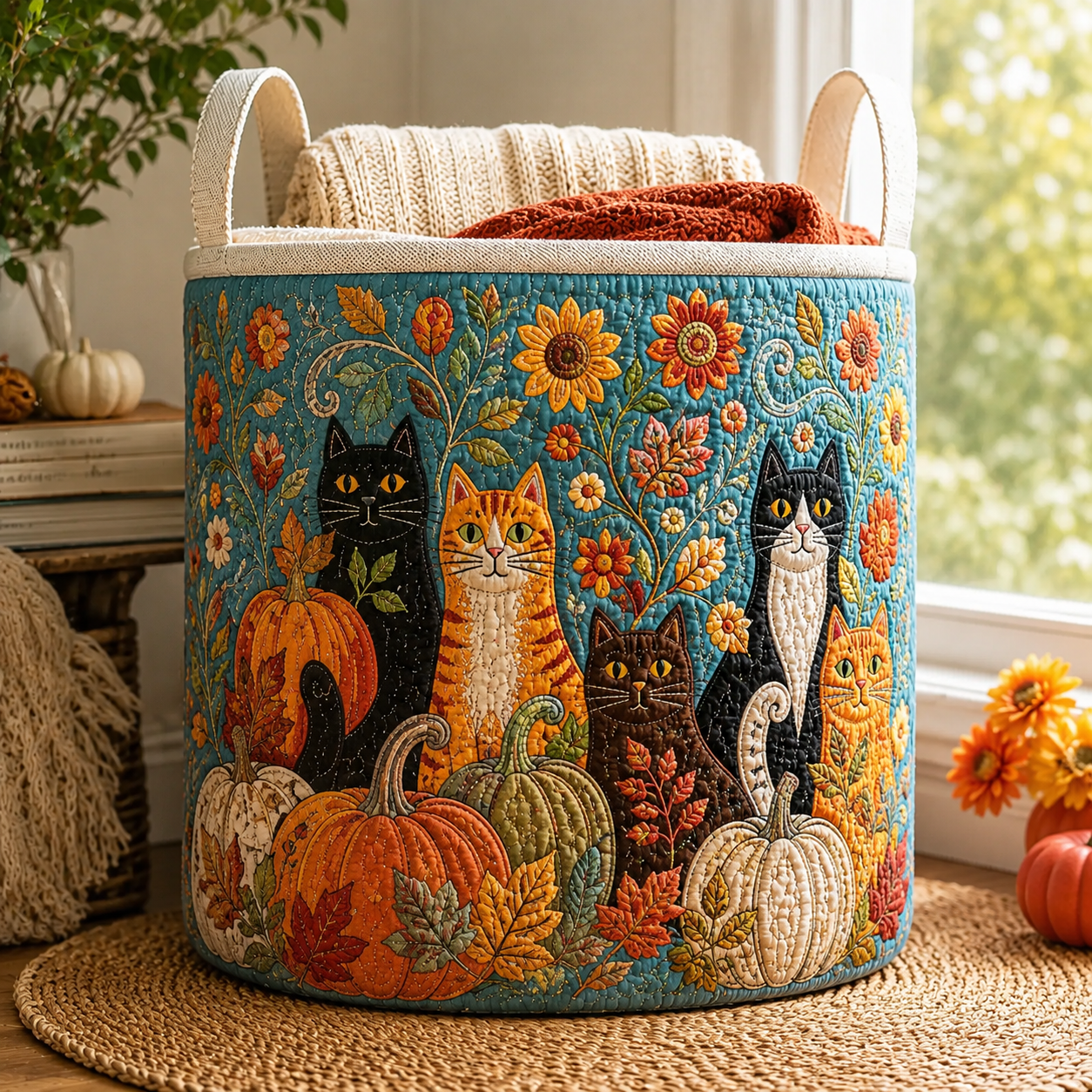 Autumn Cat & Pumpkin Quilted Laundry Basket