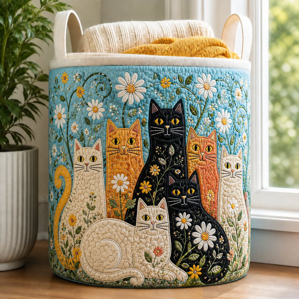 Daisy Garden Cat Quilted Laundry Basket