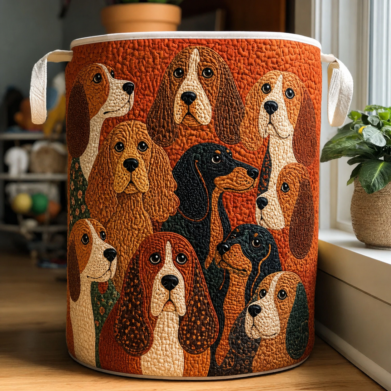 Orange Basset Hound Quilted Laundry Basket