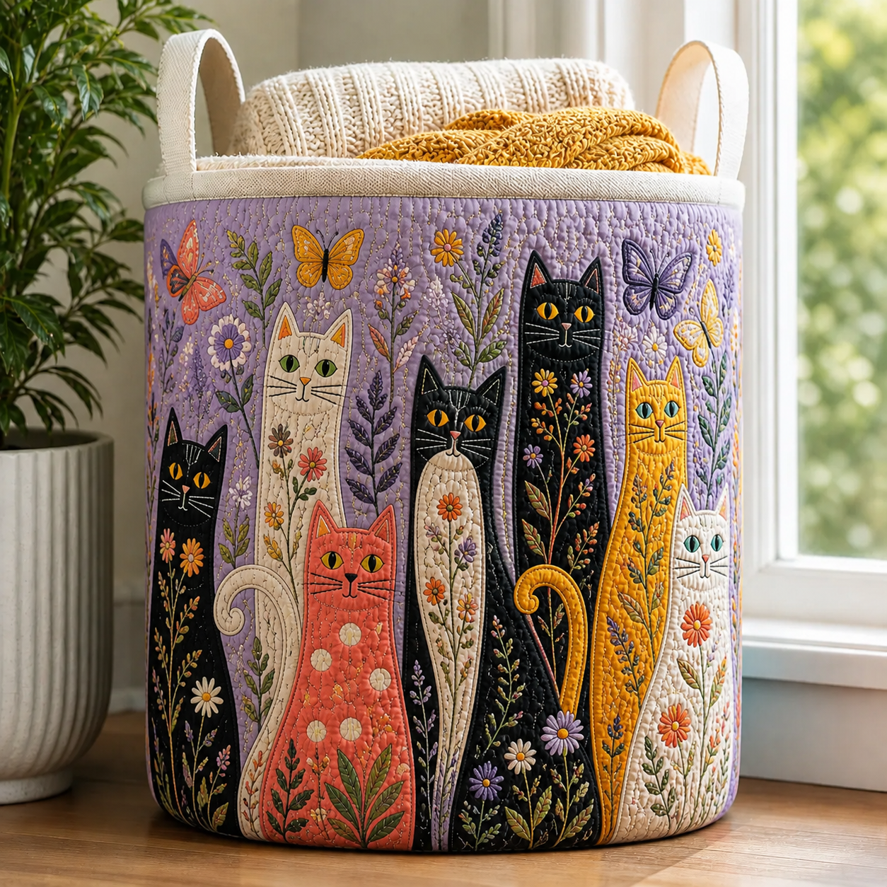Purple Lavender & Butterfly Cat Quilted Laundry Basket