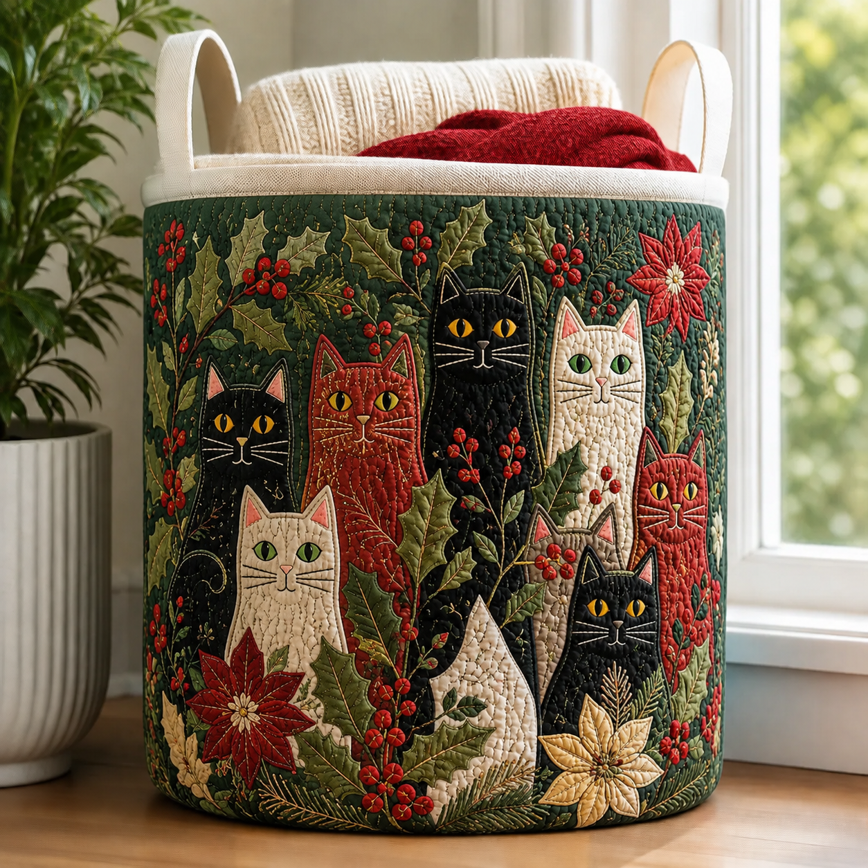 Christmas Holly Cat Quilted Laundry Basket