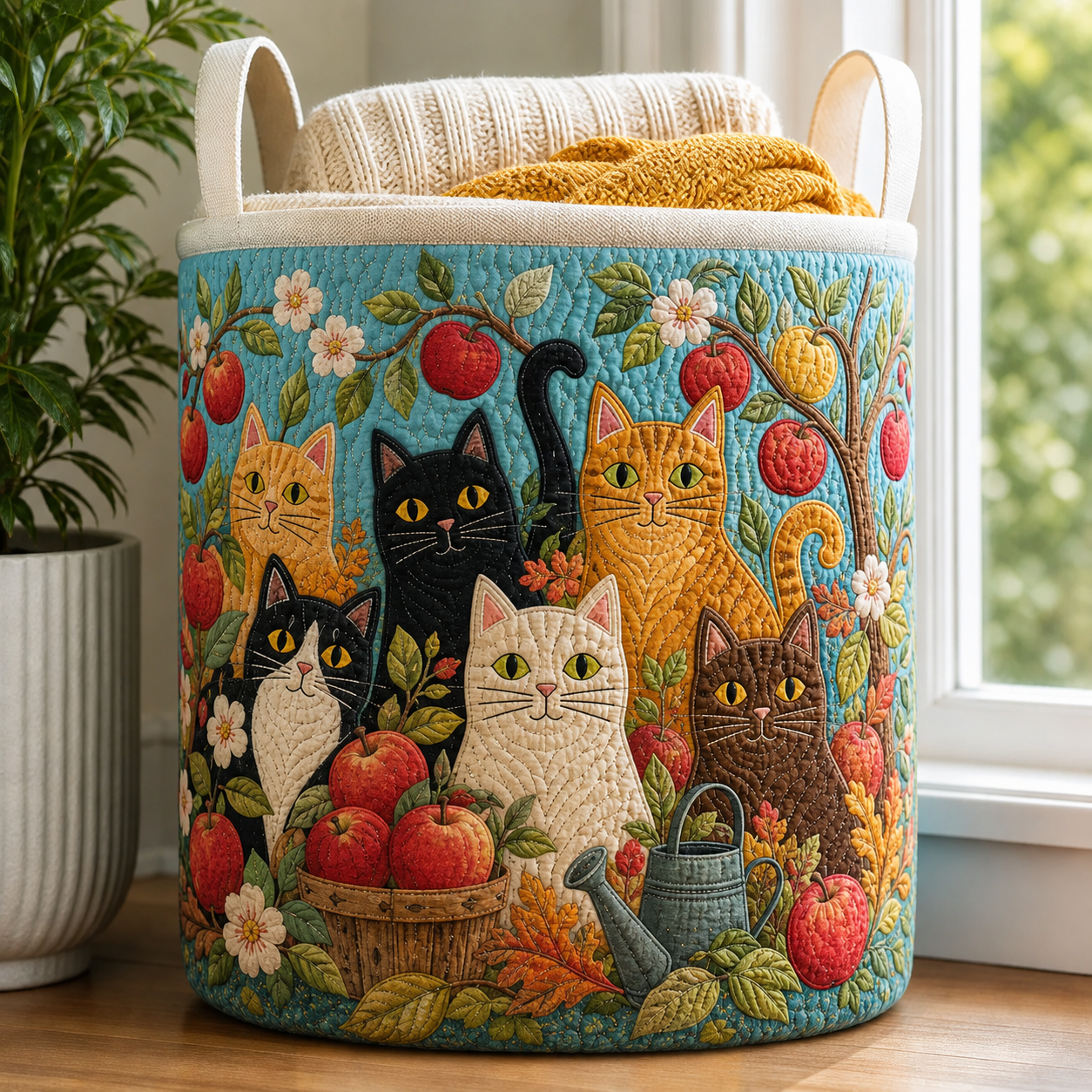 Apple Orchard Cat Quilted Laundry Basket