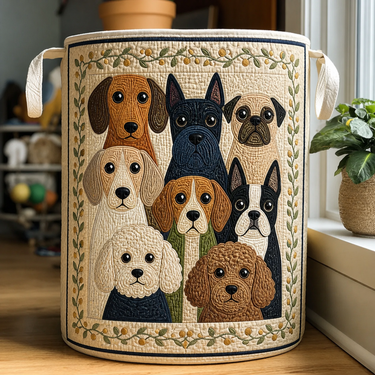 Framed Dog Family Quilted Laundry Basket