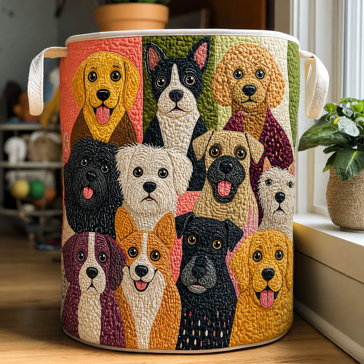 Colorful Dog Group Quilted Laundry Basket