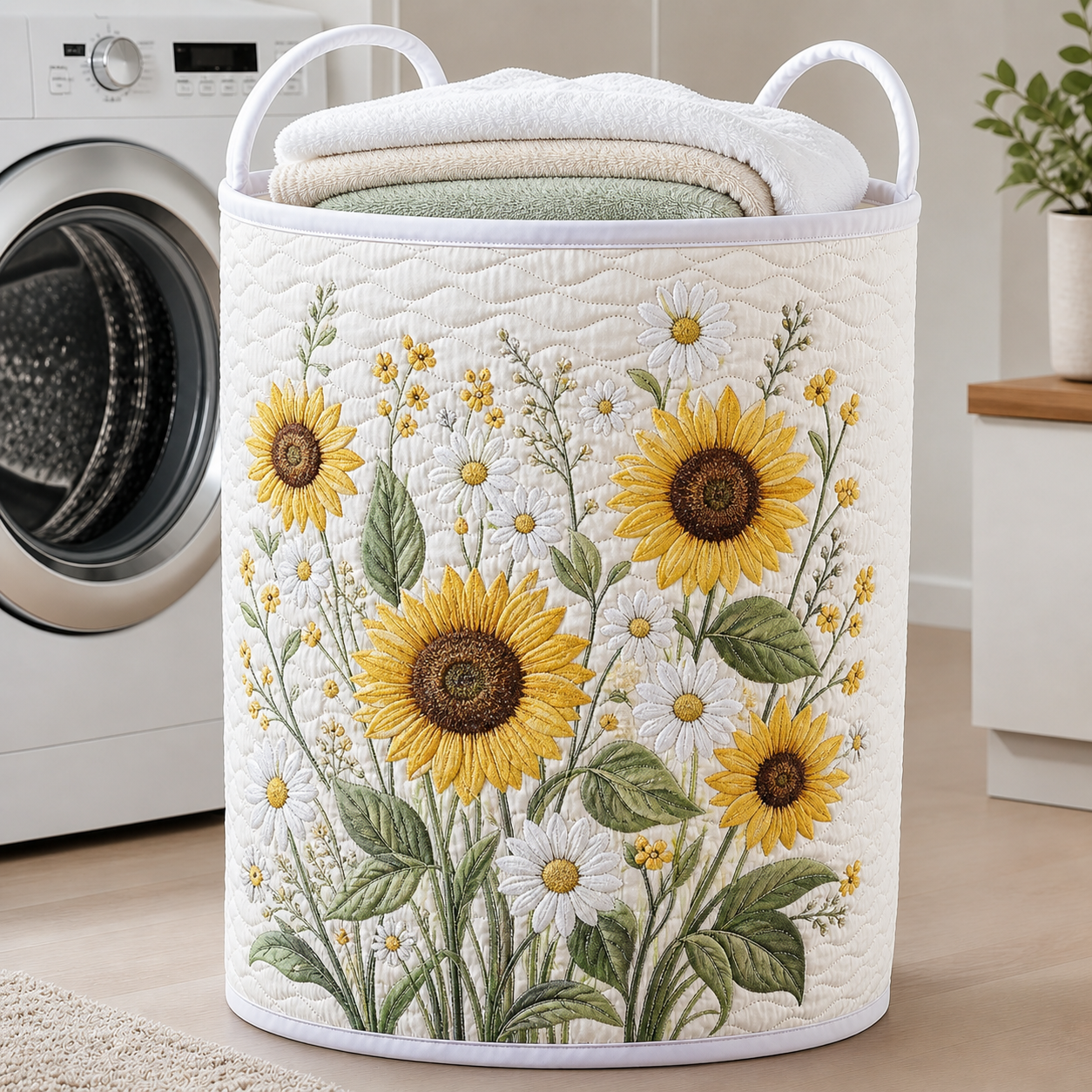 Bright Sunflower & Daisy Quilted Laundry Basket