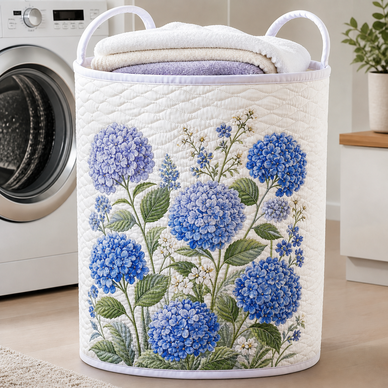 Blue Hydrangea Floral Quilted Laundry Basket