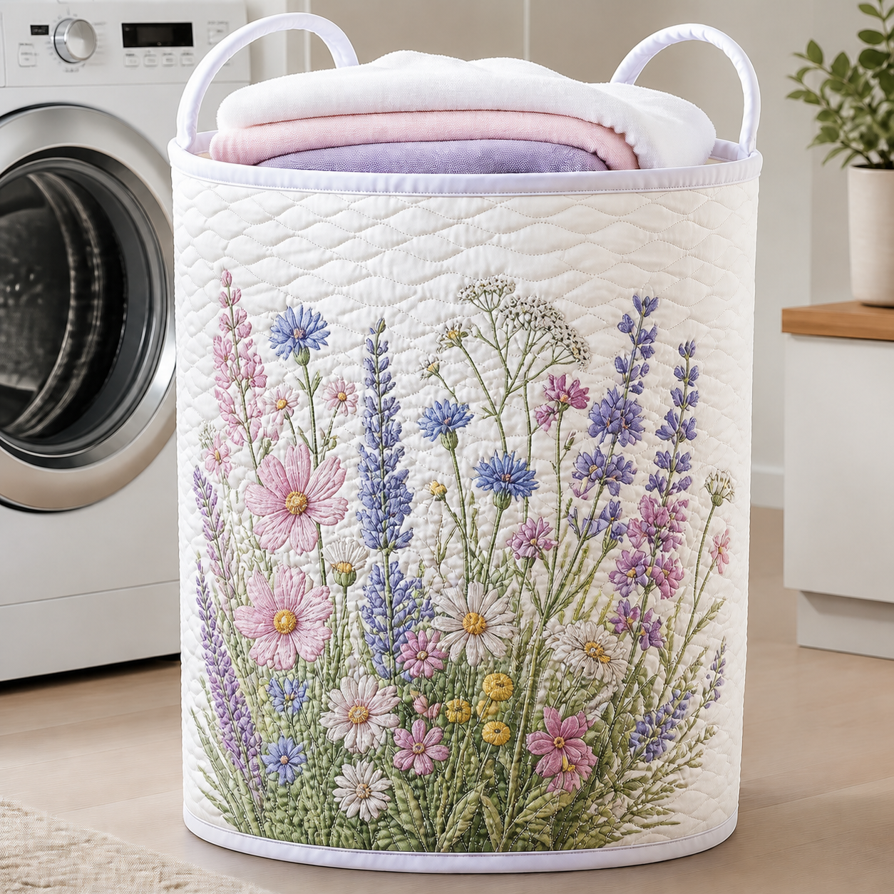 Pastel Wildflower Meadow Quilted Laundry Basket