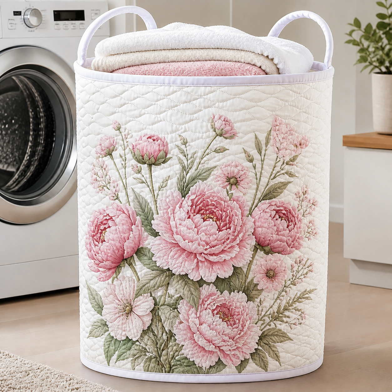 Romantic Pink Peony Quilted Laundry Basket