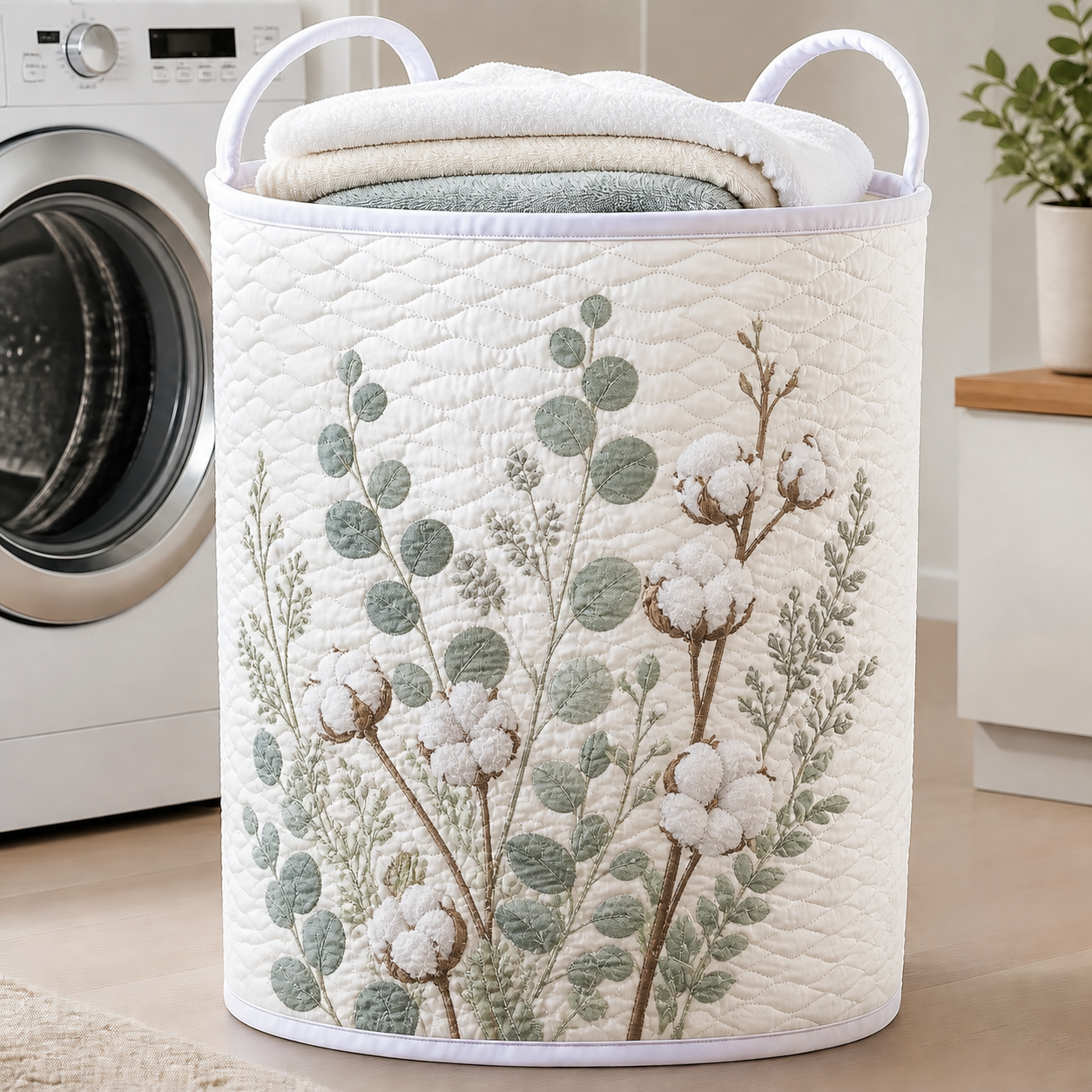Neutral Eucalyptus & Cotton Quilted Laundry Basket