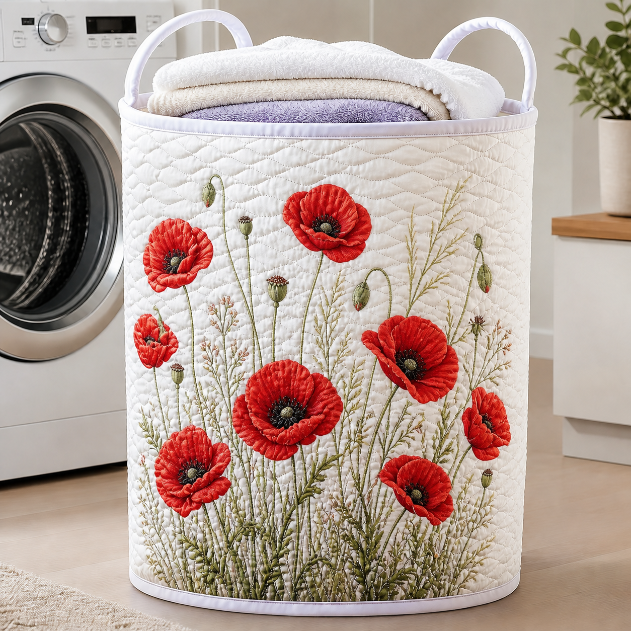 Bold Red Poppy Quilted Laundry Basket