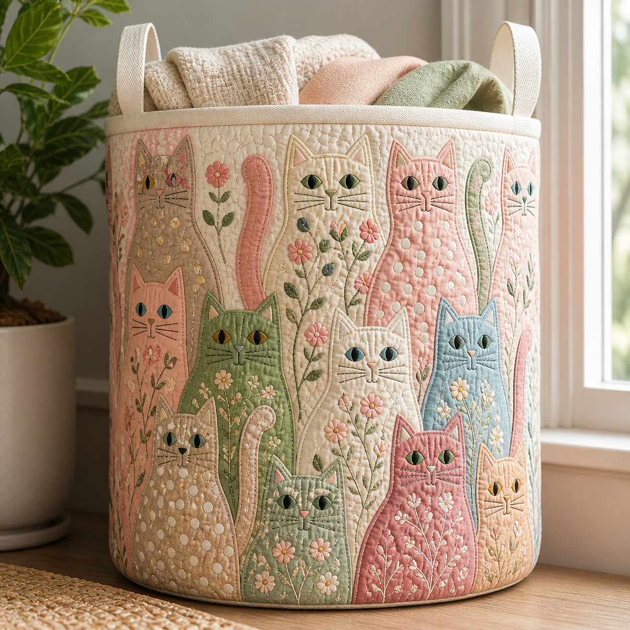 Pastel Cat Appliqué Quilted Storage Basket