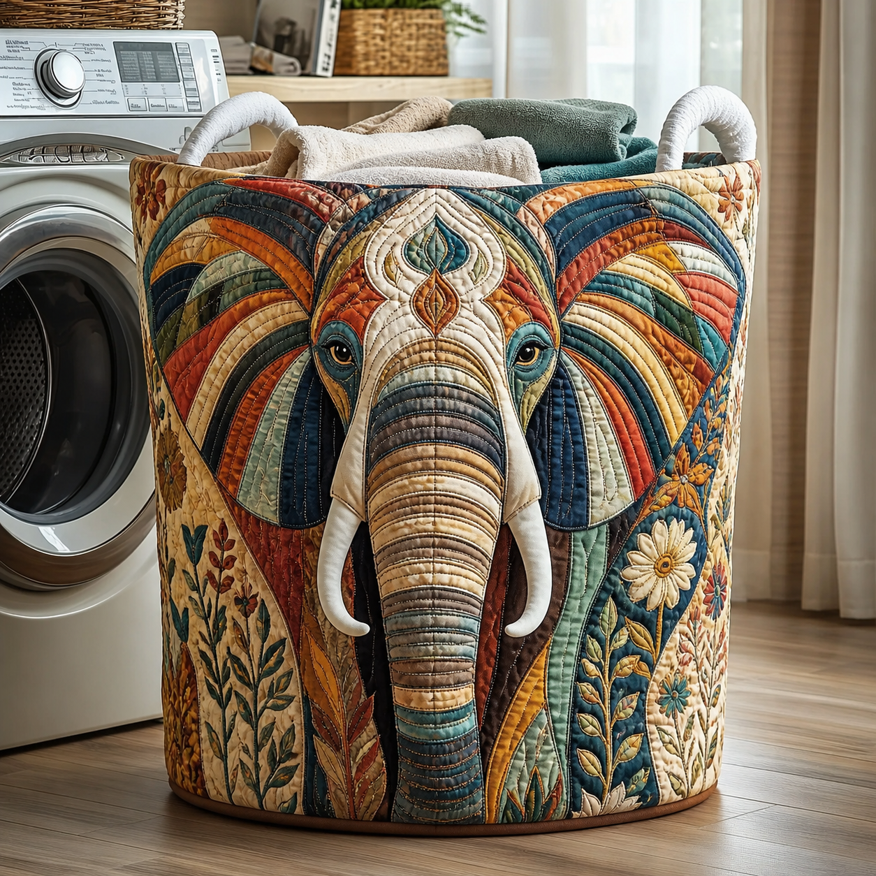 Boho Elephant Quilted Laundry Basket