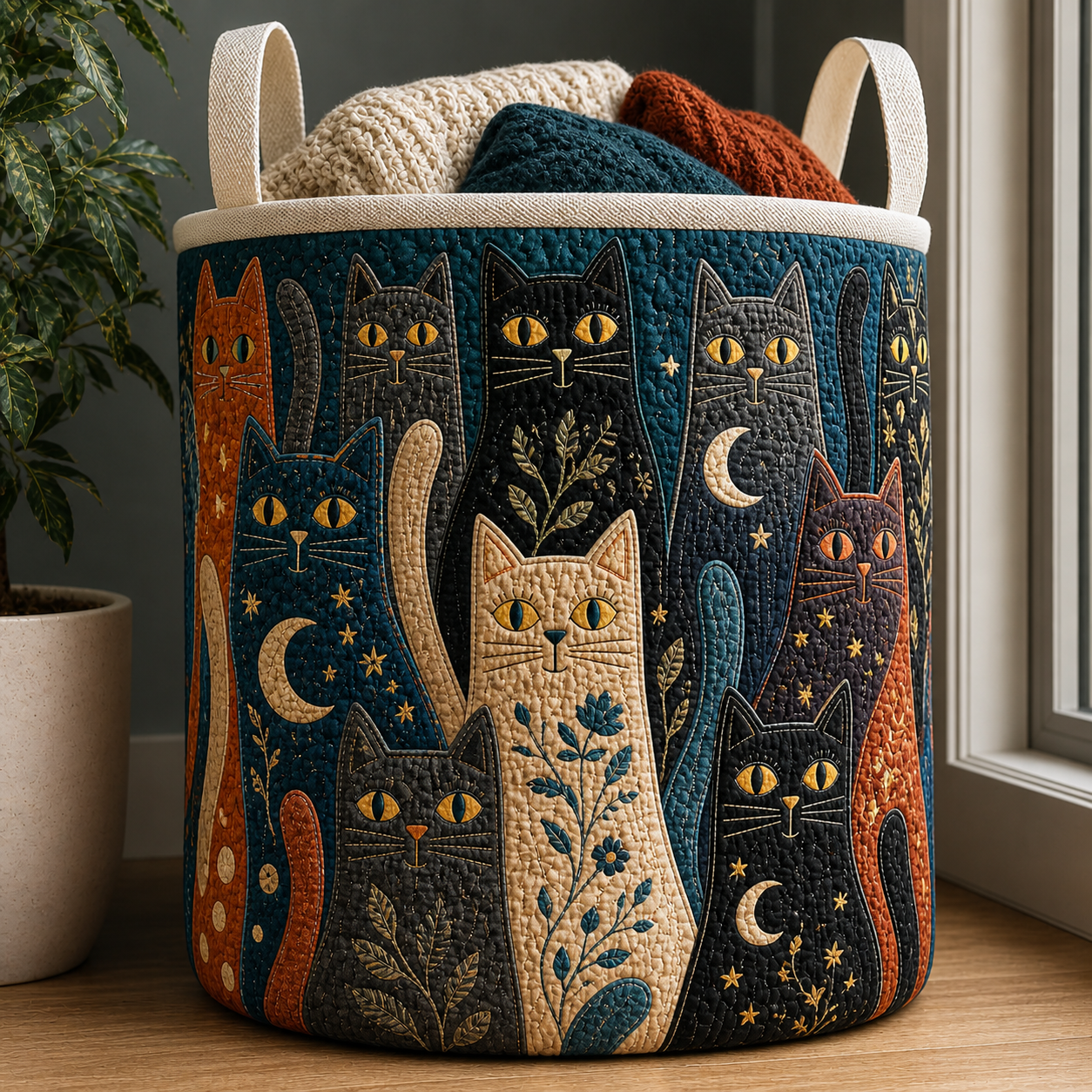 Midnight Cat Appliqué Quilted Laundry Basket