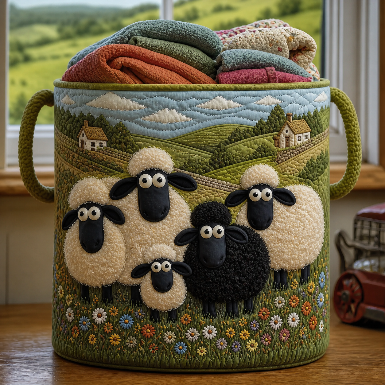 Cute Sheep Family Quilted Laundry Basket