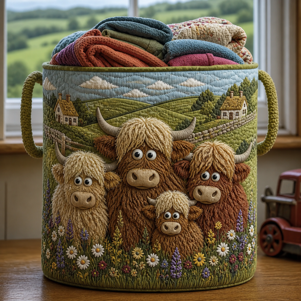 Highland Cow Family Quilted Laundry Basket
