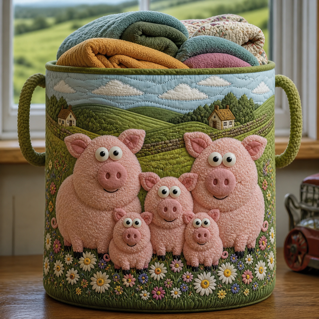 Cute Pig Family Quilted Laundry Basket