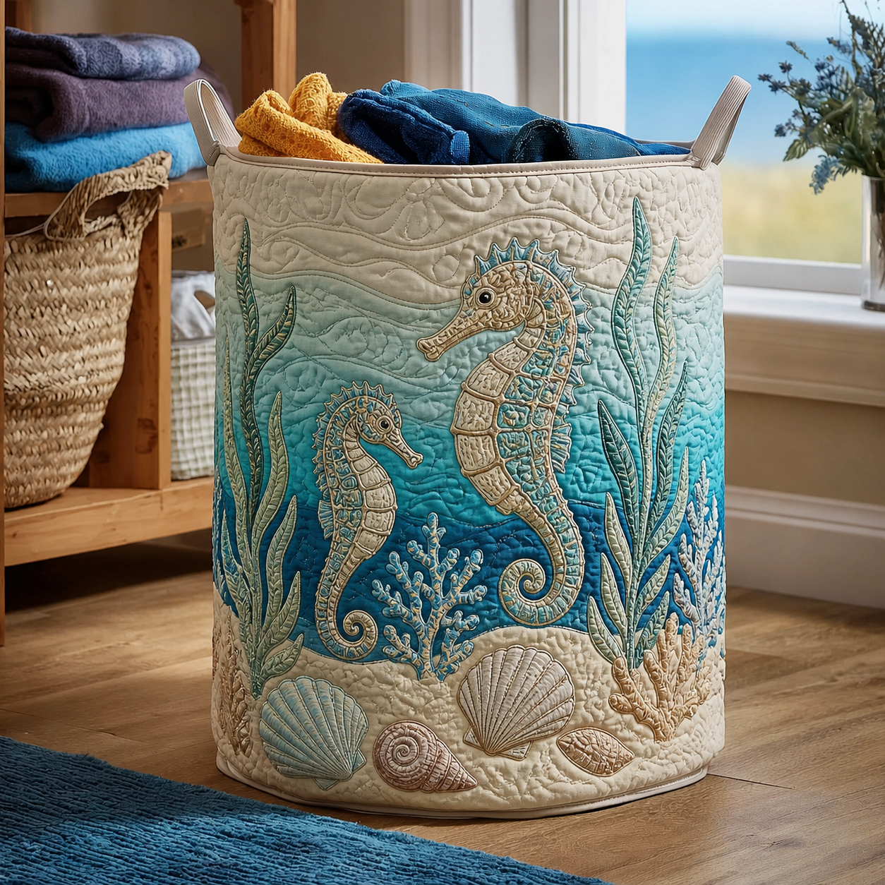 Seahorse & Coral Quilted Laundry Basket