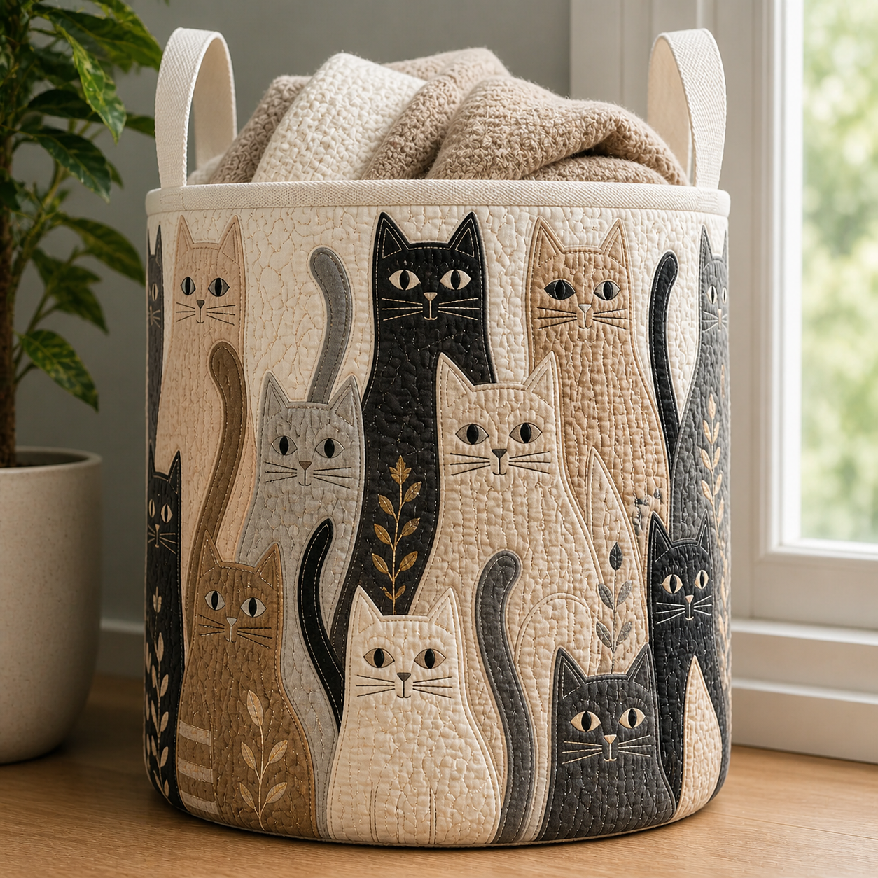 Neutral Cat Appliqué Quilted Laundry Basket