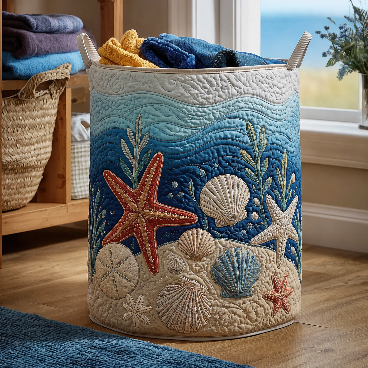 Starfish & Seashell Quilted Laundry Basket
