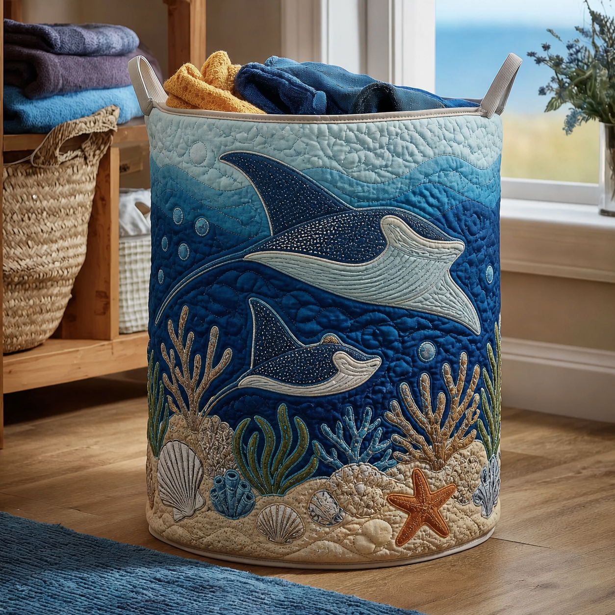 Stingray & Coral Reef Quilted Laundry Basket