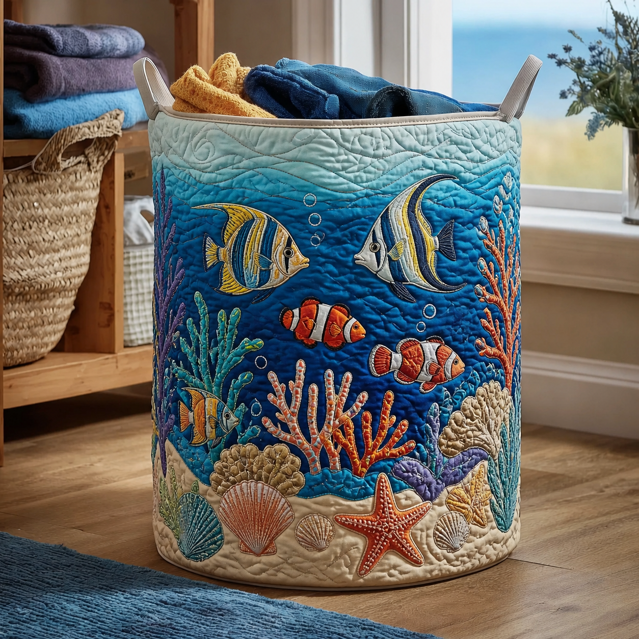 Tropical Fish & Coral Quilted Laundry Basket