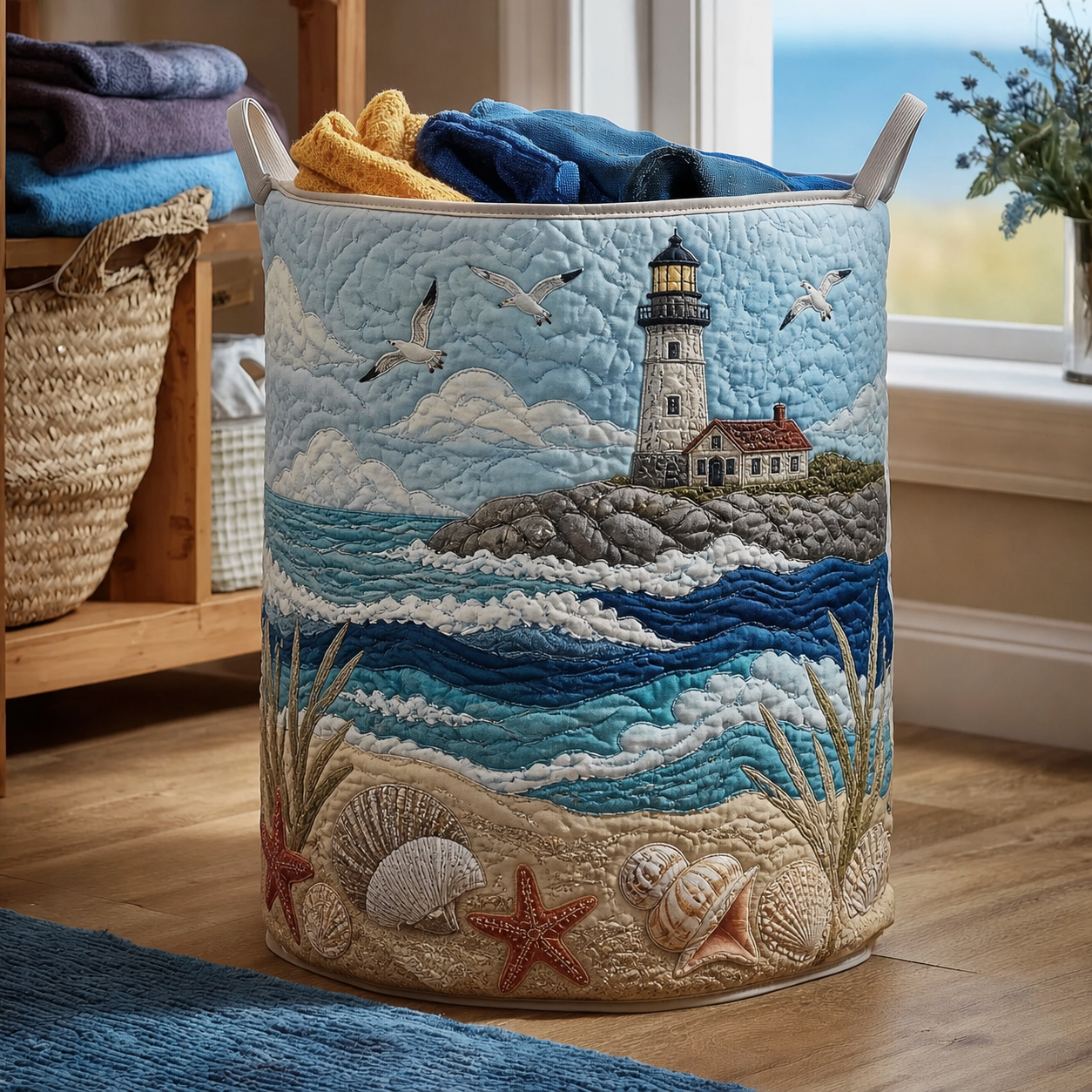 Lighthouse & Ocean Waves Quilted Laundry Basket