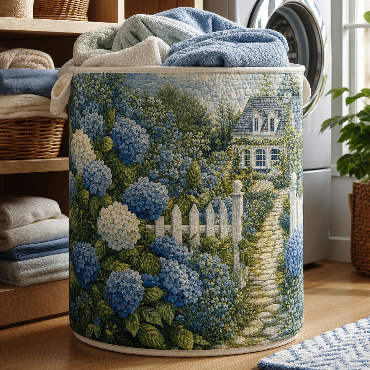 Blue Hydrangea Cottage Quilted Laundry Basket