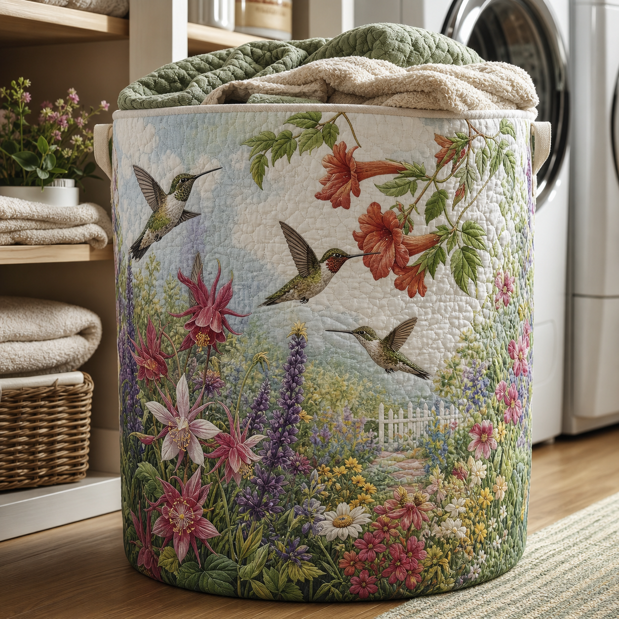 Hummingbird & Wildflower Quilted Laundry Basket
