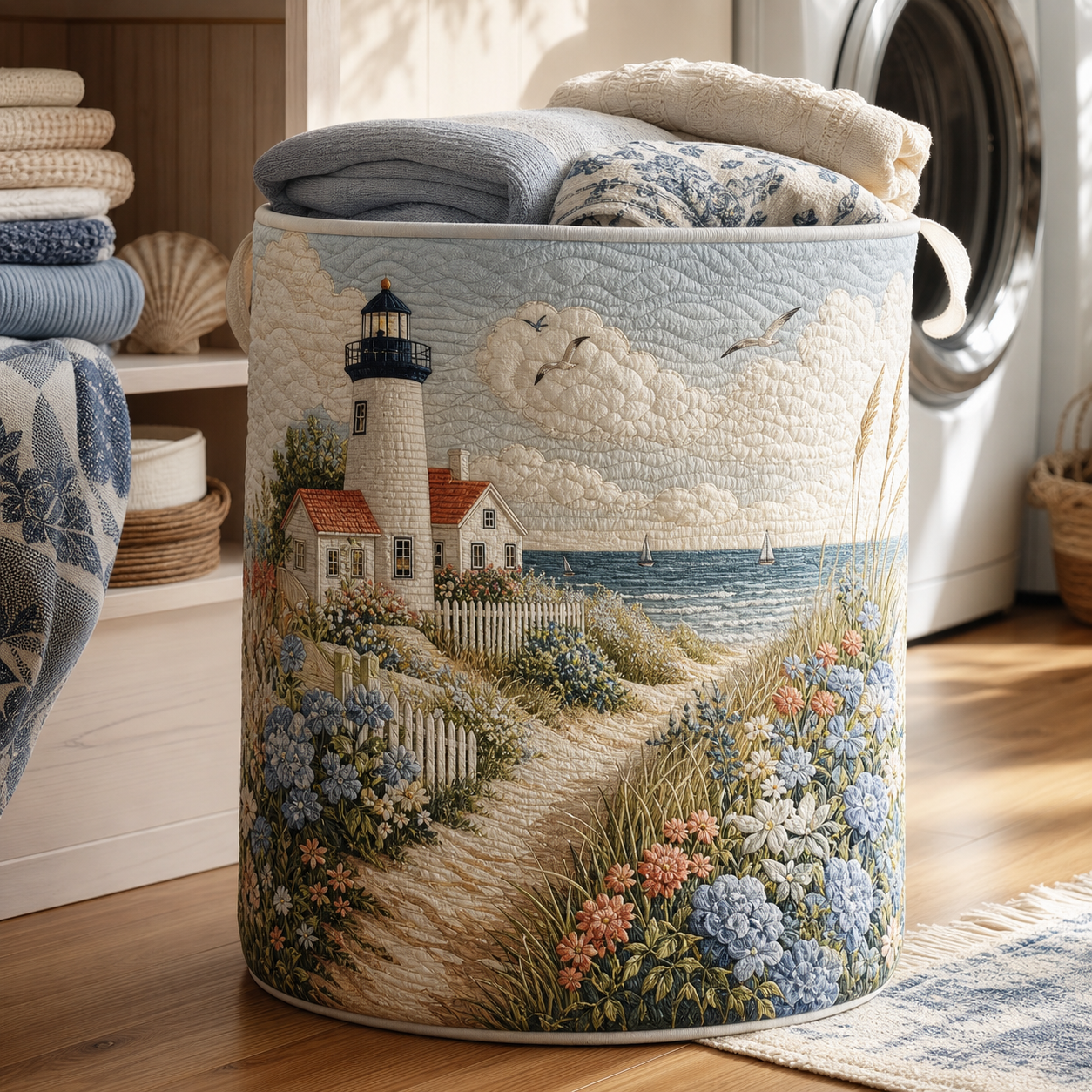 Coastal Lighthouse Quilted Laundry Basket
