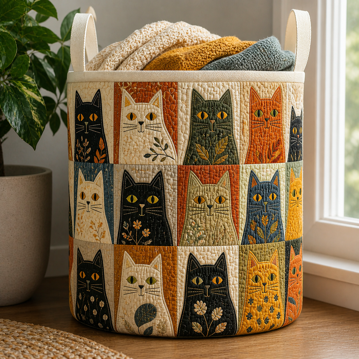 Patchwork Cat Quilted Laundry Basket