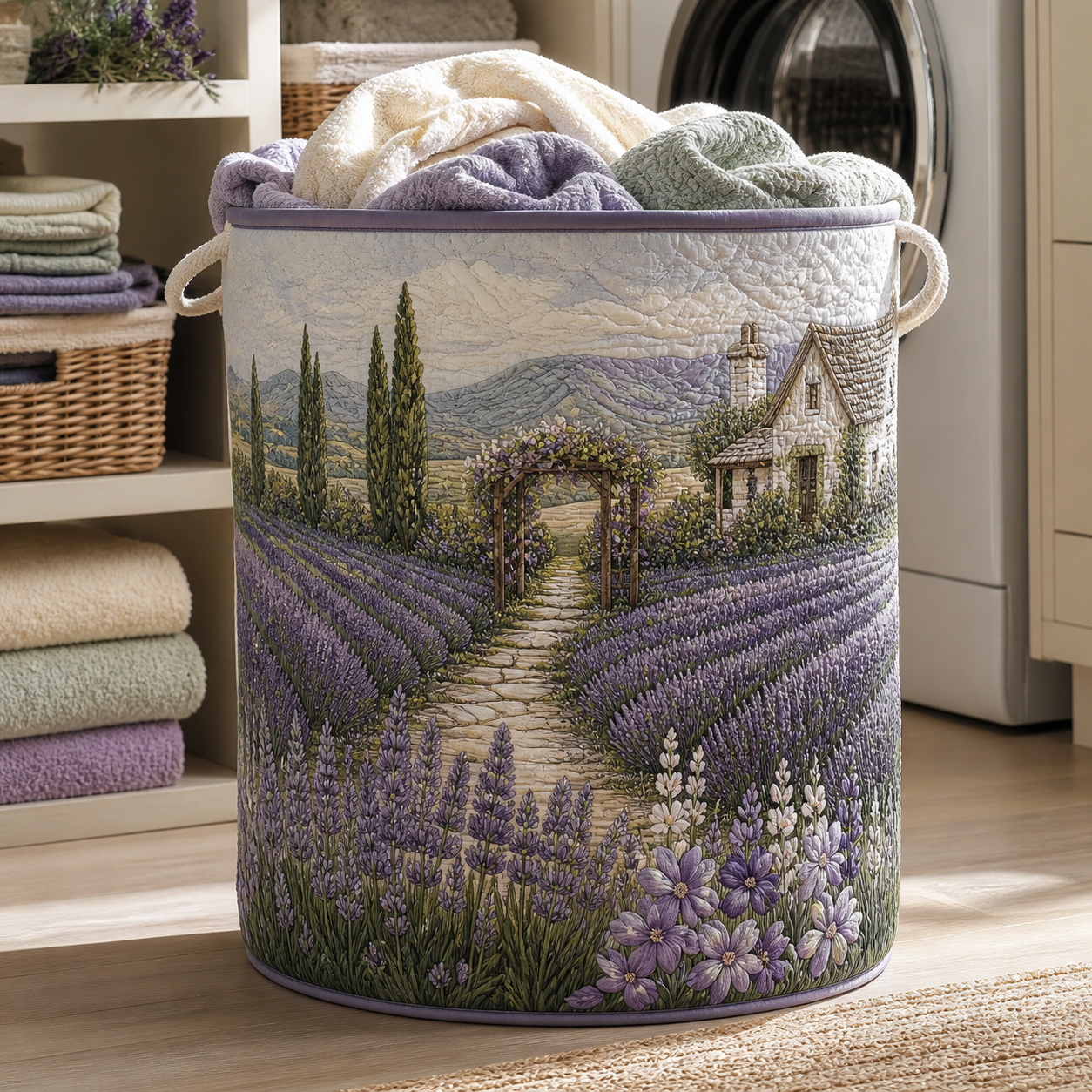 Lavender Cottage Quilted Laundry Basket