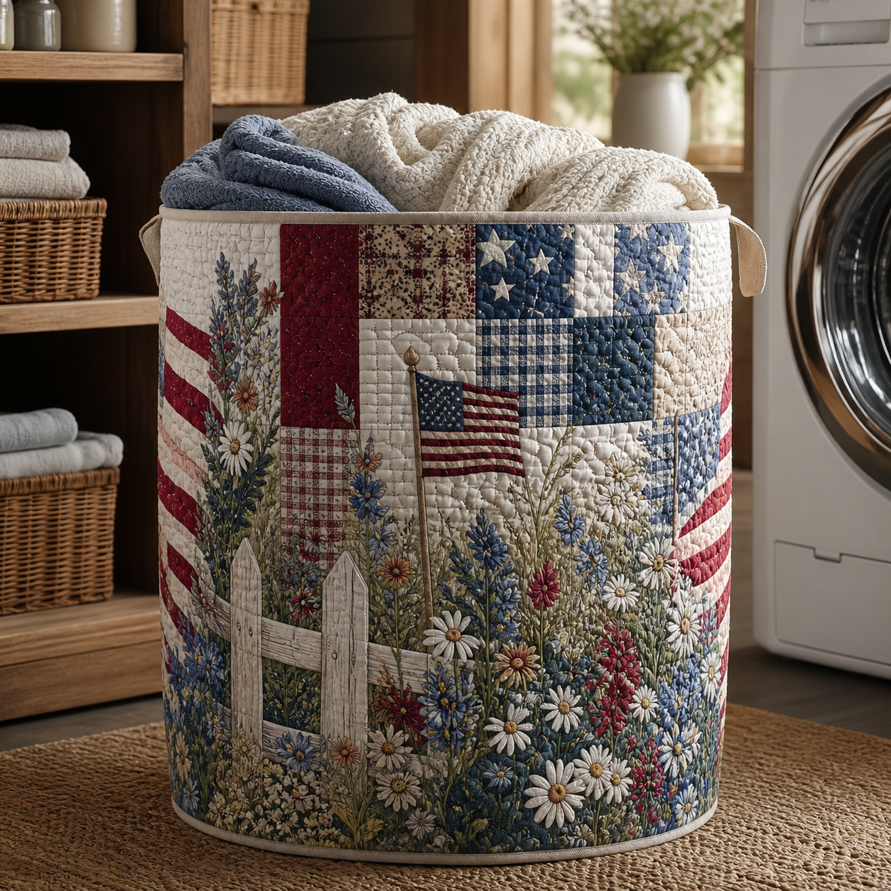American Flag & Wildflower Quilted Laundry Basket