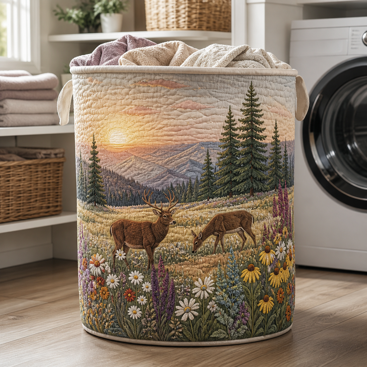 Mountain Deer Quilted Laundry Basket