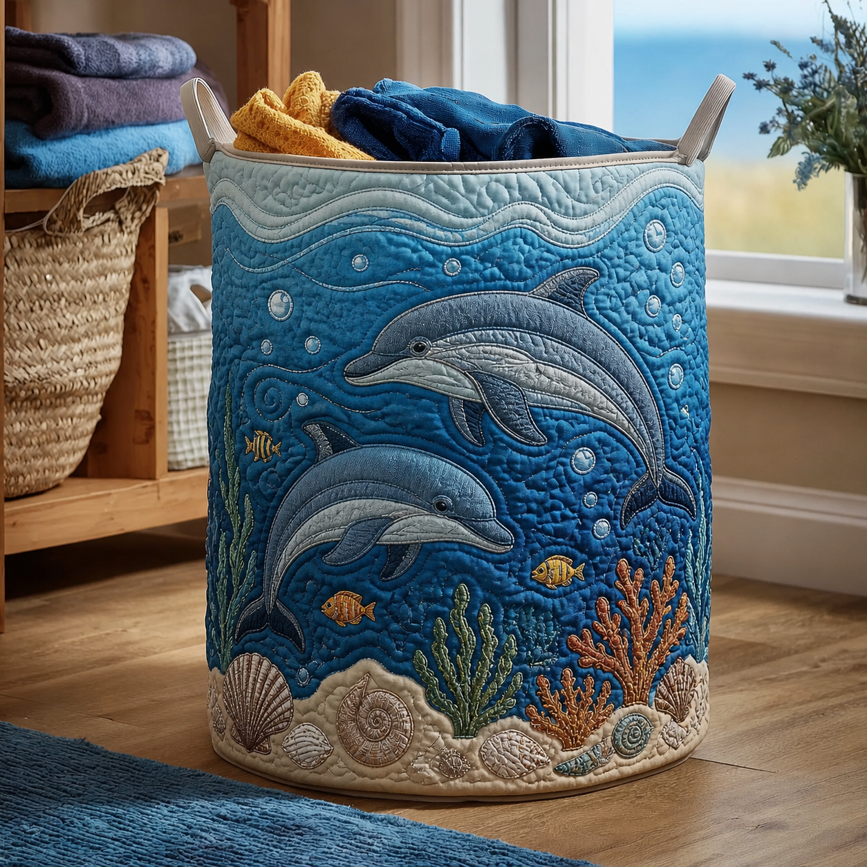 Dolphin & Coral Reef Quilted Laundry Basket
