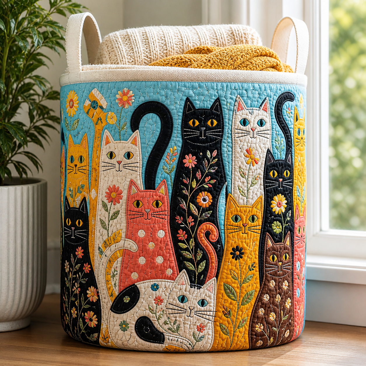 Colorful Floral Cat Quilted Laundry Basket