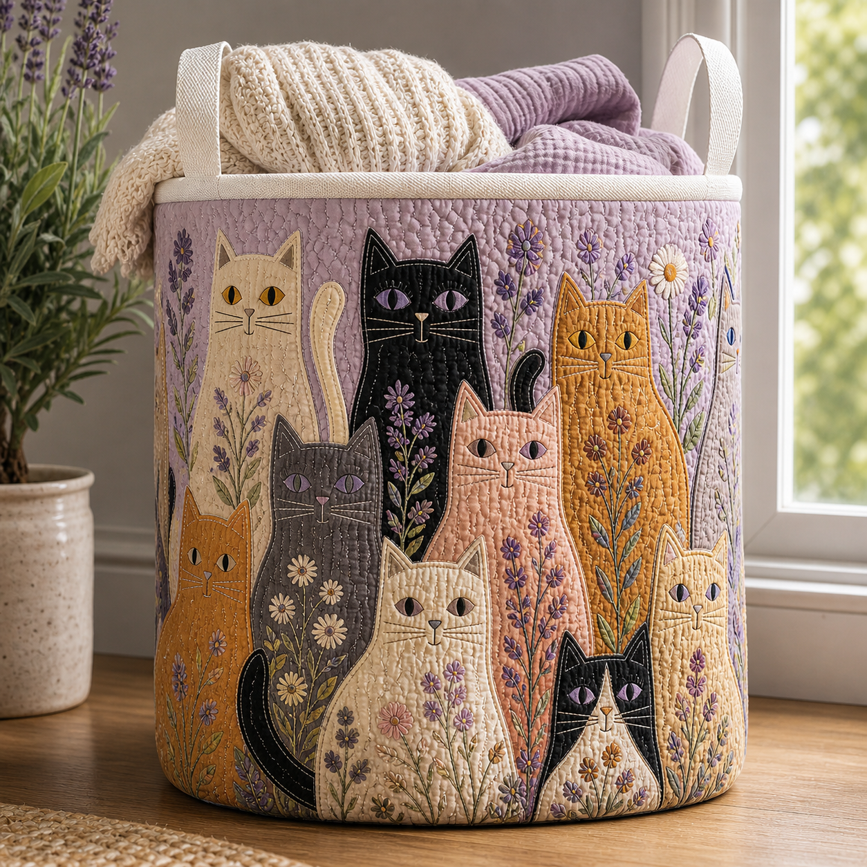 Lavender Floral Cats Quilted Laundry Basket